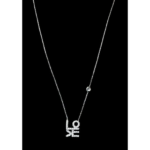 Sterling Silver LOVE Pendant Necklace With Rhinestone Accents & Adjustable Chain - Picture 2 of 5